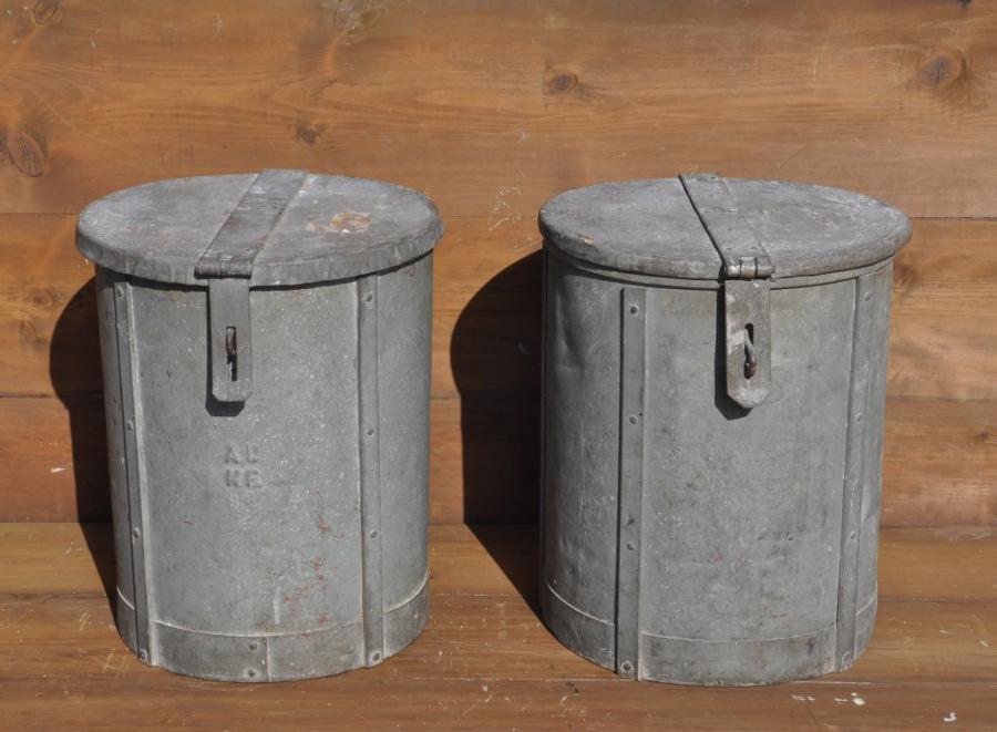 vintage pair of rivetted galvanised bins