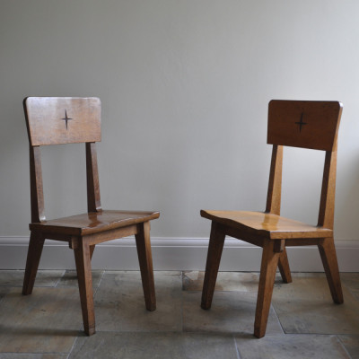 Pair 1950s Oak Church Chairs