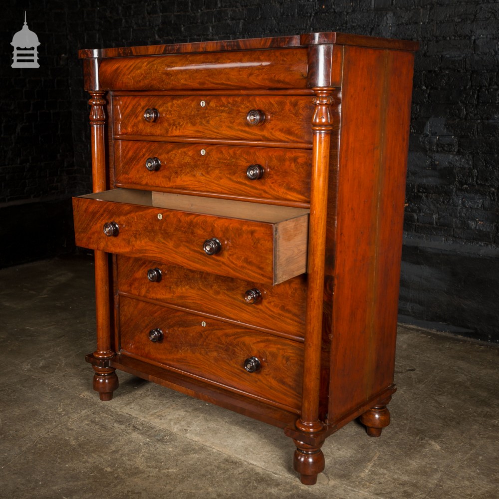 For Sale Tall Regency Flame Mahogany Chest Of Drawers With Columns