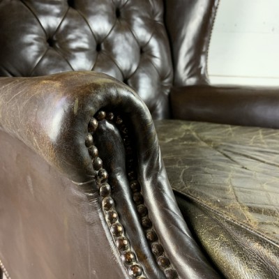 Georgian Style Wingback Armchair with Worn Studded Leather