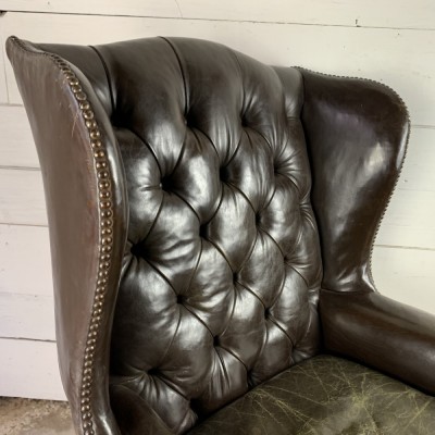 Georgian Style Wingback Armchair with Worn Studded Leather