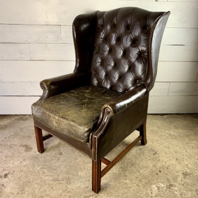 Georgian Style Wingback Armchair with Worn Studded Leather