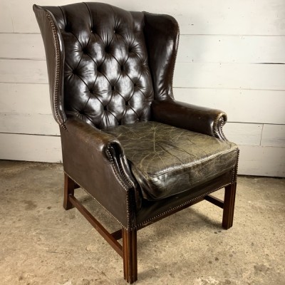 Georgian Style Wingback Armchair with Worn Studded Leather