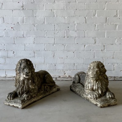 Pair of Reclaimed Weathered Composition Recumbent Lions
