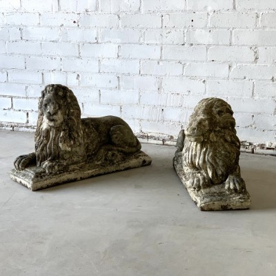 Pair of Reclaimed Weathered Composition Recumbent Lions