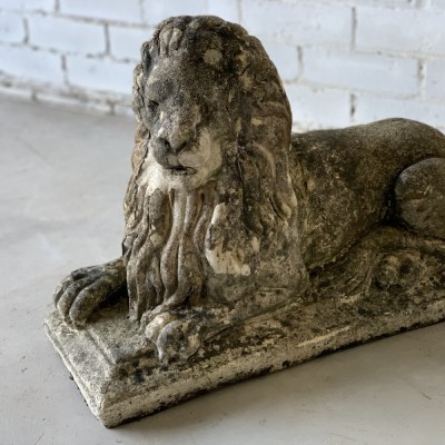 Pair of Reclaimed Weathered Composition Recumbent Lions