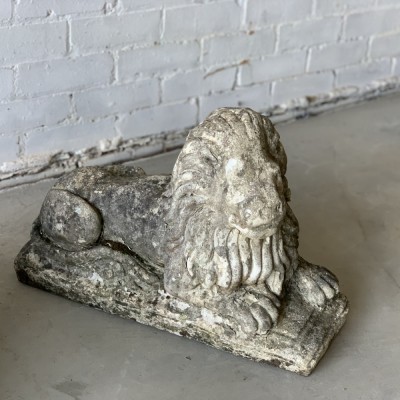 Pair of Reclaimed Weathered Composition Recumbent Lions