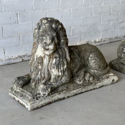 Pair of Reclaimed Weathered Composition Recumbent Lions