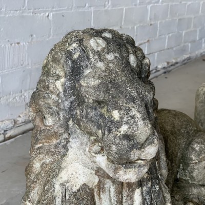 Pair of Reclaimed Weathered Composition Recumbent Lions