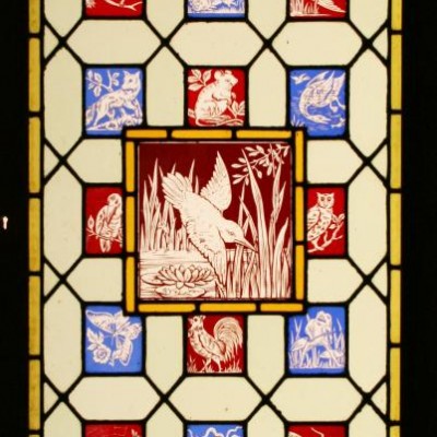 Antique Arts & Crafts Leaded Stained Glass Window Frogs & Birds 