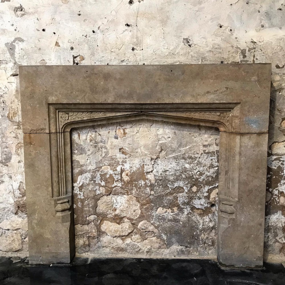 Antique English Gothic Revival Stone Fireplace