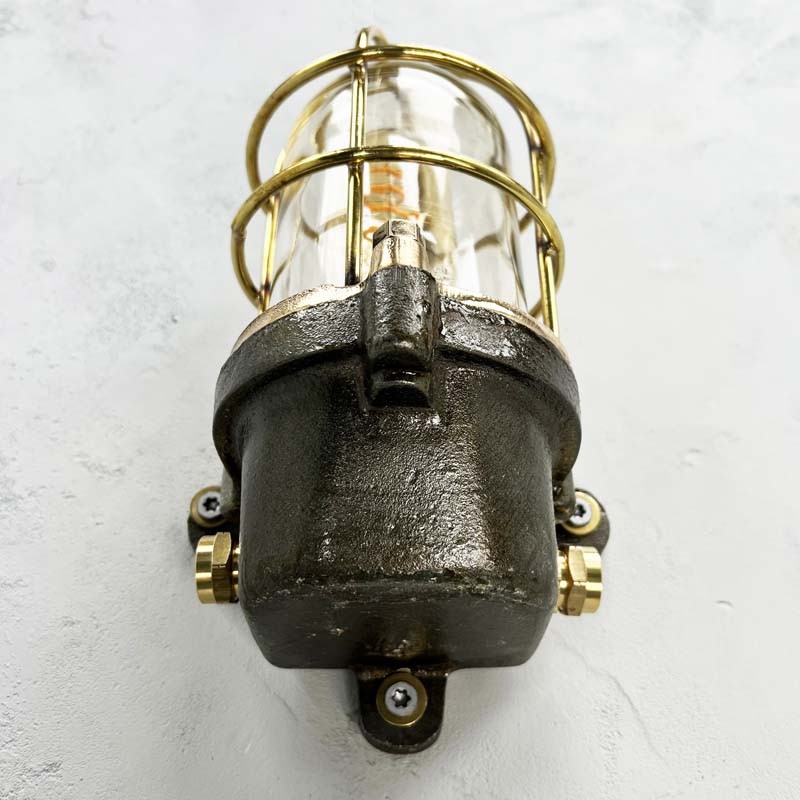 Pair Of Vintage Industrial Cage Wall Sconces - Antique Brass, E27 Bulb, Rusty Finish