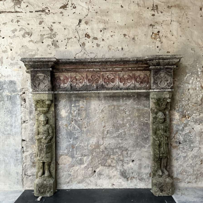 Large Gothic Revival Carved Stone Fireplace