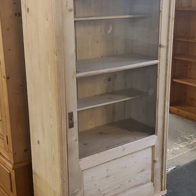 Continental old pine glazed display cabinet with arched top door