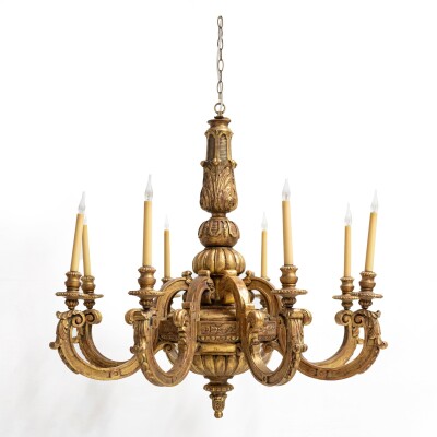 Large Antique Italian Giltwood 19th Century 8 Arm Chandelier