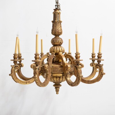 Large Antique Italian Giltwood 19th Century 8 Arm Chandelier