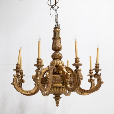 Large Antique Italian Giltwood 19th Century 8 Arm Chandelier