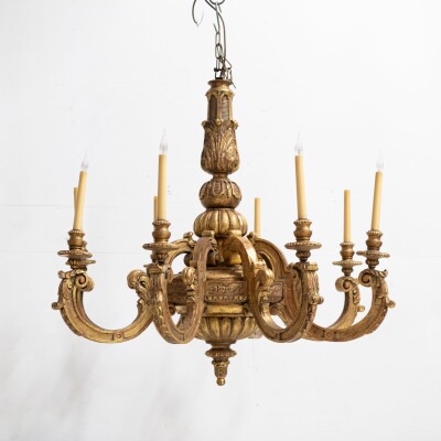 Large Antique Italian Giltwood 19th Century 8 Arm Chandelier