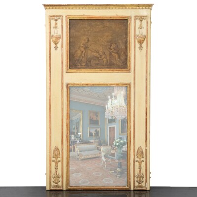 Large Louis XVI Trumeau Mirror with Oil Painting and Gilt Gesso Details