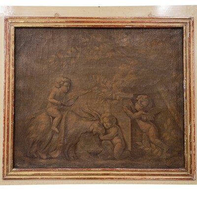Large Louis XVI Trumeau Mirror with Oil Painting and Gilt Gesso Details