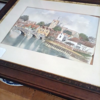 Framed Glazed Water Colour Landscape Scene of Bridge village river scene in Kent.