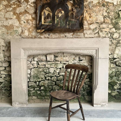 Large Antique English Portland Stone Gothic Revival Fireplace