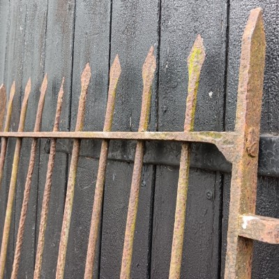 A tall antique wrought iron side gate.