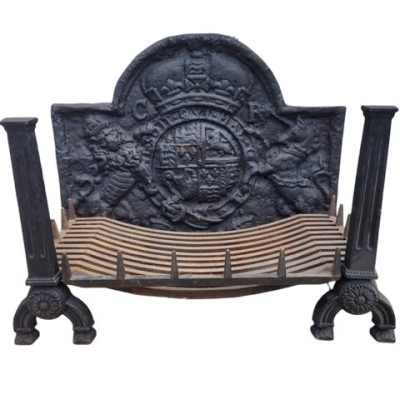 Very Heavy Victorian Cast iron Fire back, Dogs and Grate Complete set 
