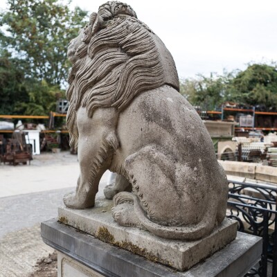 Reclaimed Pair of Monumental Stone Lions on their own Plinth