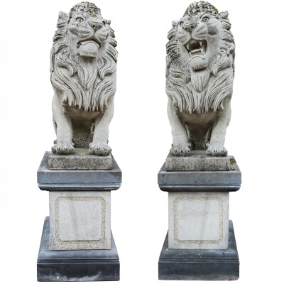 Reclaimed Pair of Monumental Stone Lions on their own Plinth