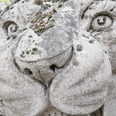 Reclaimed Pair of Monumental Stone Lions on their own Plinth