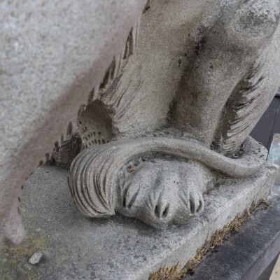 Reclaimed Pair of Monumental Stone Lions on their own Plinth