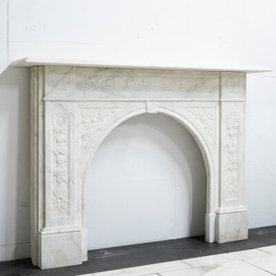 Antique Victorian Carved Statuary Marble Arched Chimneypiece