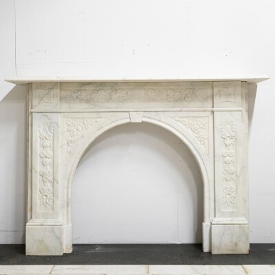 Antique Victorian Carved Statuary Marble Arched Chimneypiece