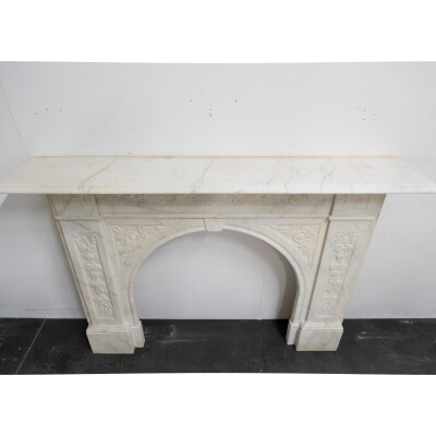Antique Victorian Carved Statuary Marble Arched Chimneypiece