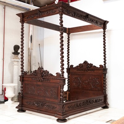 Antique Heavily Carved Continental Four Posted Bed | European Double