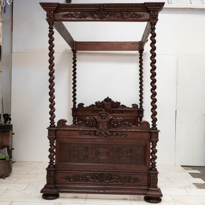Antique Heavily Carved Continental Four Posted Bed | European Double