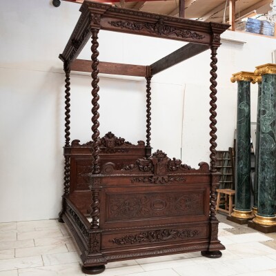Antique Heavily Carved Continental Four Posted Bed | European Double