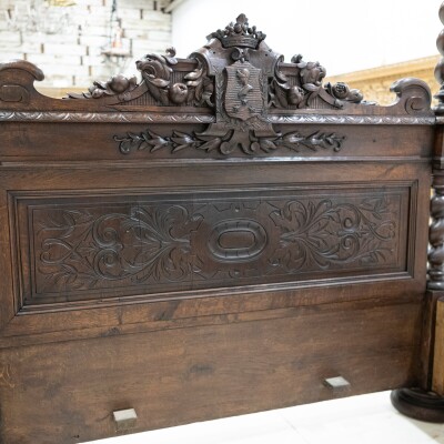 Antique Heavily Carved Continental Four Posted Bed | European Double