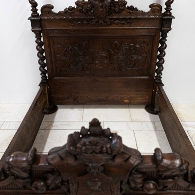 Antique Heavily Carved Continental Four Posted Bed | European Double