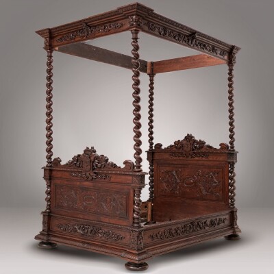 Antique Heavily Carved Continental Four Posted Bed | European Double