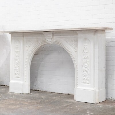 Antique Victorian Carved Statuary Marble Arched Chimneypiece