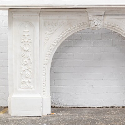 Antique Victorian Carved Statuary Marble Arched Chimneypiece