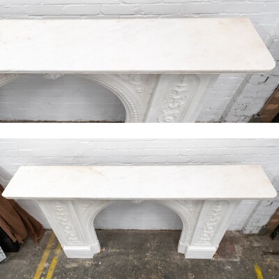 Antique Victorian Carved Statuary Marble Arched Chimneypiece