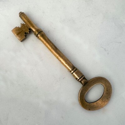 Antique Brass Rim Lock with Dutch Drop Handles and Key