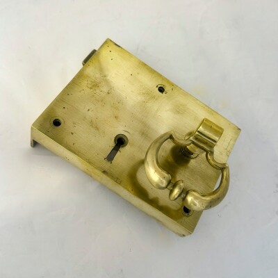 Antique Brass Rim Lock with Dutch Drop Handles and Key