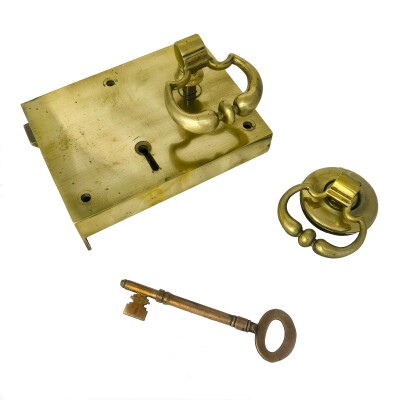 Antique Brass Rim Lock with Dutch Drop Handles and Key