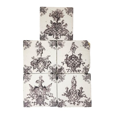 Set of 5 Antique Manganese Dutch Delft Tiles
