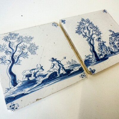 Set of 2 Antique 18th Century Dutch Delft Tiles