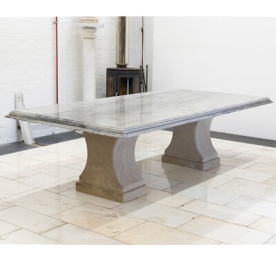 Reclaimed Grand Marble Top Banquet Table with Stone Plinths